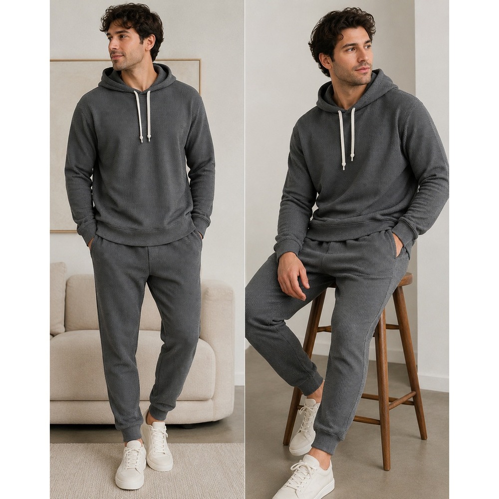 Onia Mens Waffle Knit Hoodie and Jogger Lounge Set Charcoal Grey Large OM20-433
